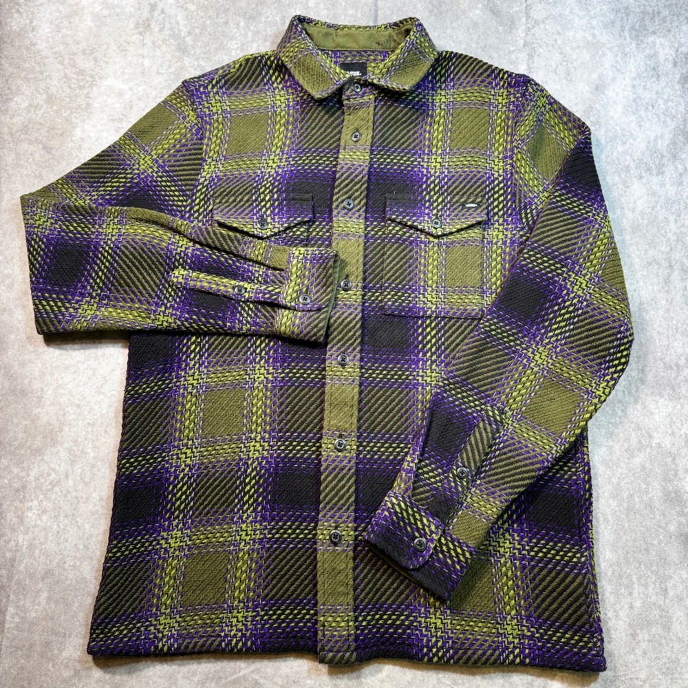 Vans Mens Small Classic Fit chunky knit Shirt Olive Green Purple Textured Cotton - Picture 2 of 8